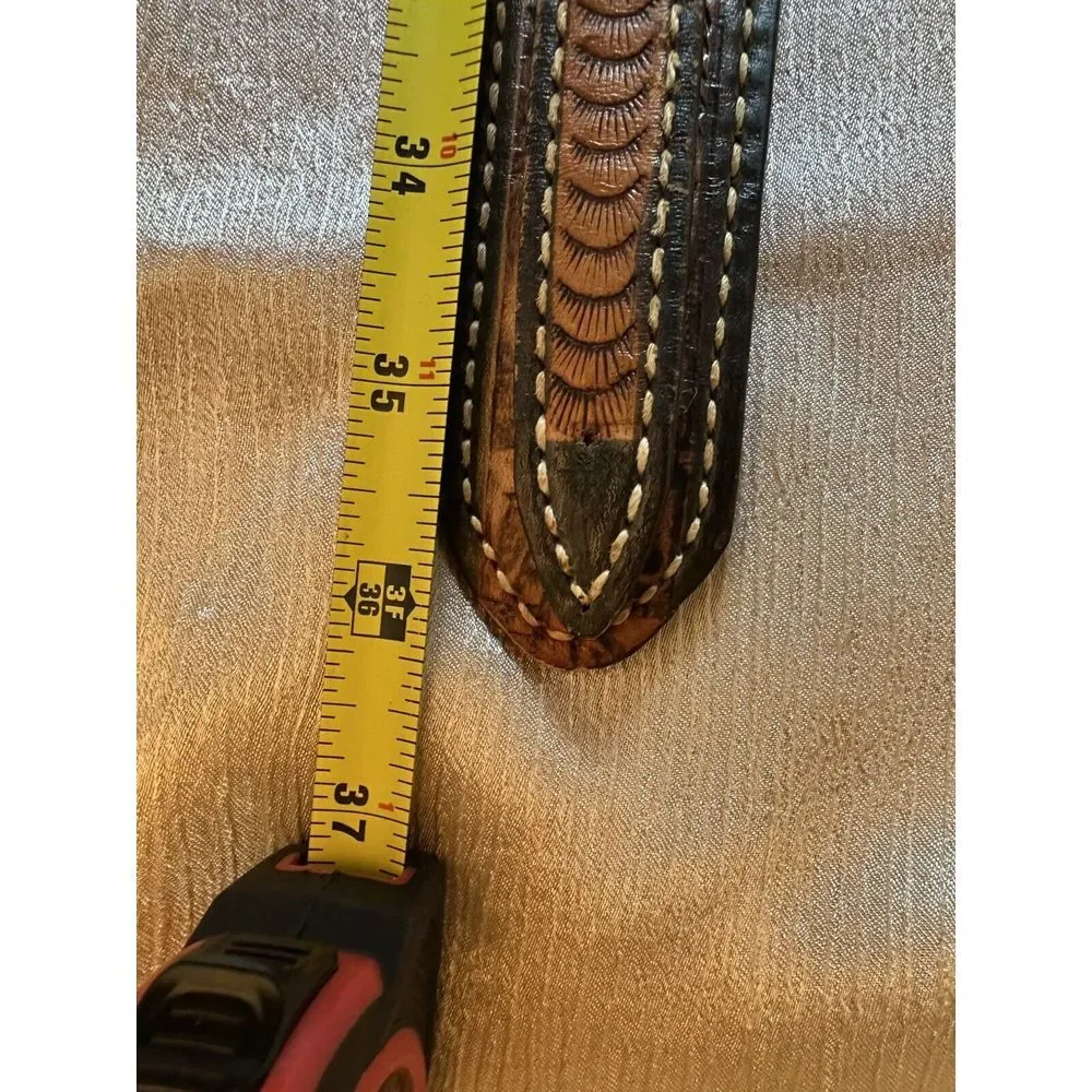 vintage USA made JUSTIN buckle belt 32 cowhide leather WESTERN brown‎ TOOLED
